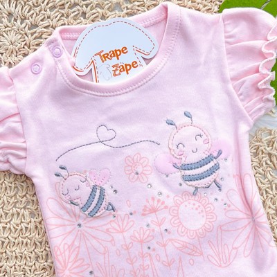 Kit 3 Peças - Bodys Manga Curta Abelha Fofa com Tule - Rosa, Off White e Rose